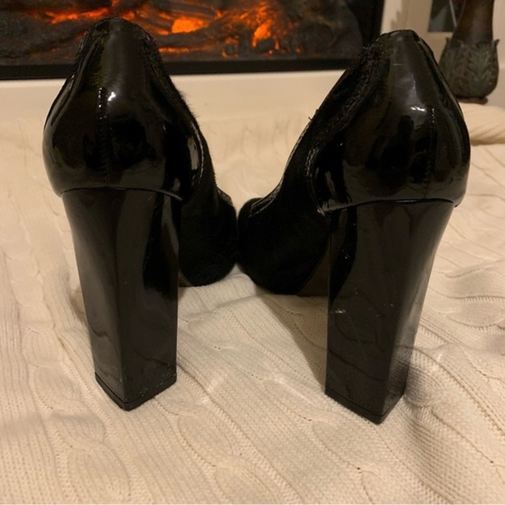 Diane Von Furstenberg Black Patent & Suede Peep-Toe Block Heels - Picture 2 of 3